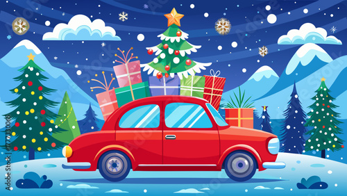 Very beautiful red vintage Christmas car carrying a decorated Christmas tree on its roof, festive holiday illustration with snowflakes and cheerful winter atmosphere.