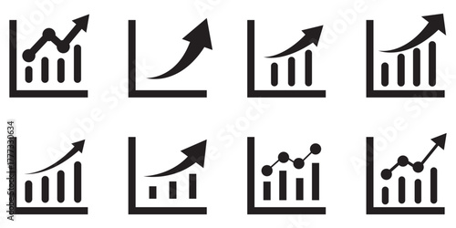 Growth icon set. Containing arrow up, growing graph, business chart icons. Vector illustration.