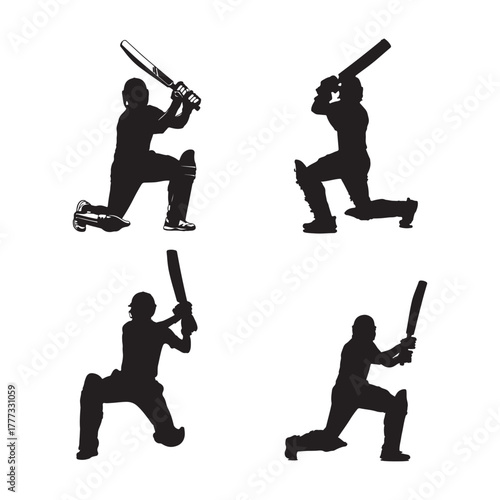 Cricket batsman action silhouettes set on white background