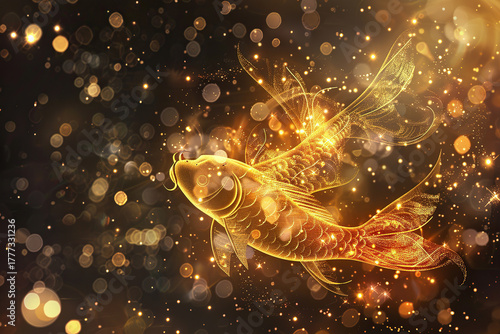 Concept of Pisces zodiac sign symbol, abstract vivid composition consists of fictional unreal fantastic vision on background