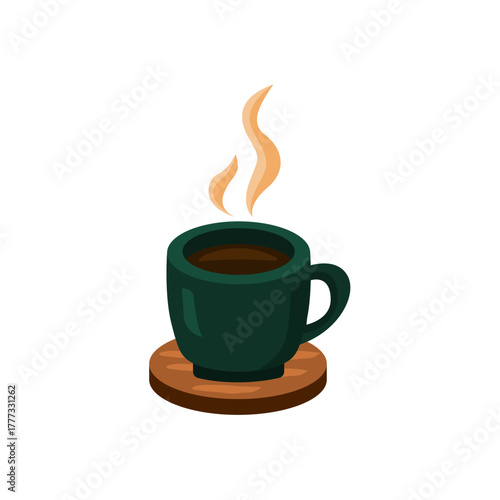 A steaming glass of warm coffee in a green glass on a wooden coaster