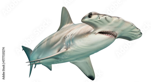 A majestic great hammerhead shark with its distinctive head shape swims gracefully isolated on a transparent background isolated on transparent background