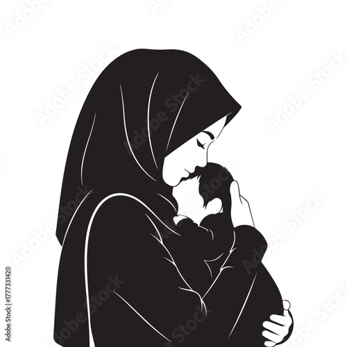 Muslim mother holding baby silhouette vector illustration