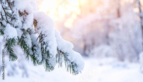 Winter forest landscape covered with snow and ice-covered branches under a blue sky