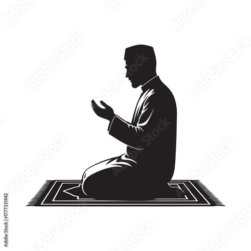 Muslim man in praying on a prayer mat silhouette vector illustration