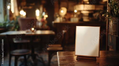Blank sign on a wooden table in a dimly lit cafe, empty seating area. Display marketing material