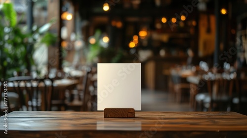 Menu card on wooden table in restaurant setting. Empty tables and warm lights