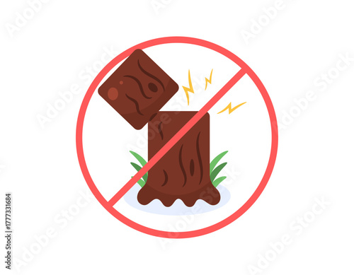 The concept of a ban on cutting down trees. Illegal cutting down of trees is prohibited. Illustration of a prohibition sign and a felled tree. Environmental awareness. Flat design style. White 