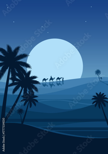 Serene desert night landscape with a camel caravan journeying across endless dunes under a luminous full moon, framed by majestic palm tree silhouettes