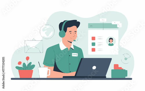 Friendly customer service agent assisting clients online with modern laptop and headset for efficient communication and support, bringing satisfaction