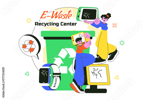 E-Waste Recycling Center Vector Illustration Featuring Electronic Waste Management and Proper Processing of Technological Rubbish In a Background
