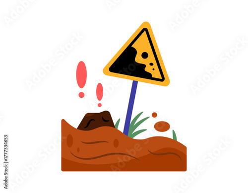 Landslide warning concept. Landslide-prone land warning. Illustration of a warning sign on a landslide. Natural disaster. Flat style design. White background