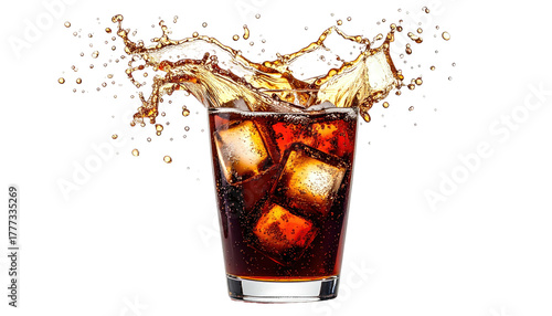 Drink splashes from glass with ice cubes, dark background