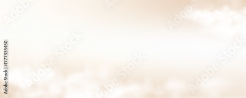 Panorama with beige sky and white clouds. Sky creamy landscape background. Heaven fog air template. Summer heaven morning. Paradise sweet backdrop. Vector illustration.