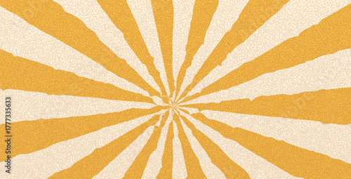 Groovy swirl orange rough starburst background. Retro spiral yellow sun rays abstract grainy textured illustration. Vector wavy retro decoration. Radial carnival stripes vintage backdrop.
