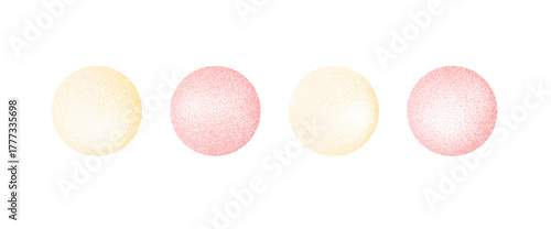 Red and yellow gradient noise round element set. Powder dotwork gradation circles. Pastel pink and golden textured shapes. Kids geometric sand diffuse effect callouts. Vector paint spray icons.