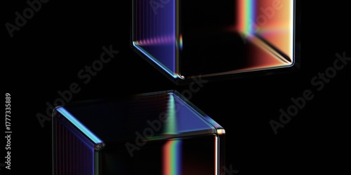 Abstract iridescent glass cubes on a black background, 3d render