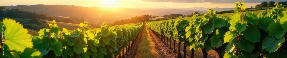 Naklejka premium Sun-drenched vineyards stretching to the horizon, lush green vines heavy with ripening grapes, creating a picturesque winery landscape ideal for wine labels or website backgrounds , farming, vine