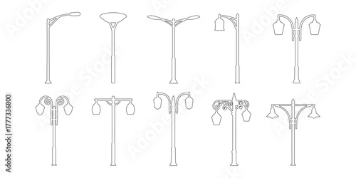 CAD Drawings. Side views of various modern and classic streetlights outline isolated on white background. Vector illustration.