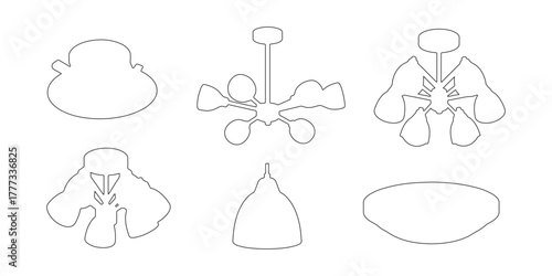 CAD Drawings. Top and side views of various ceiling lights including recessed fixtures, chandeliers, pendant lamps, and flush mounts outline isolated on white background. Vector illustration.