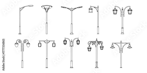 CAD Drawings. Side views of various modern and classic streetlights isolated on white background. Vector illustration.