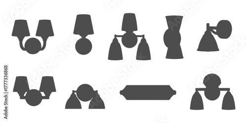 CAD Drawings. Top and side views of various wall lights and sconces silhouette isolated on white background. Vector illustration.