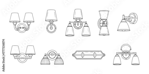 CAD Drawings. Top and side views of various wall lights and sconces isolated on white background. Vector illustration.