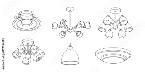CAD Drawings. Top and side views of various ceiling lights including recessed fixtures, chandeliers, pendant lamps, and flush mounts isolated on white background. Vector illustration.