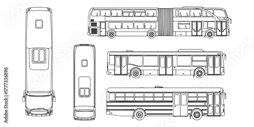 CAD Drawings. Top view of different buses isolated on white background. Vector illustration.