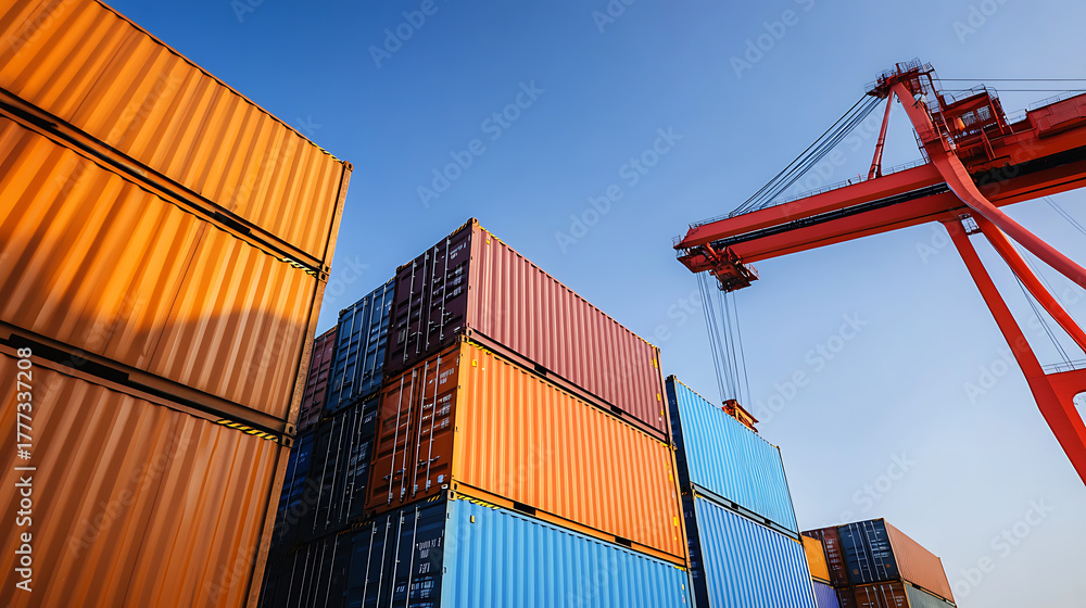 Fototapeta premium Colorful metal cargo containers stacked high beneath a clear blue sky, highlighted by the presence of a large, red harbor crane in the background.