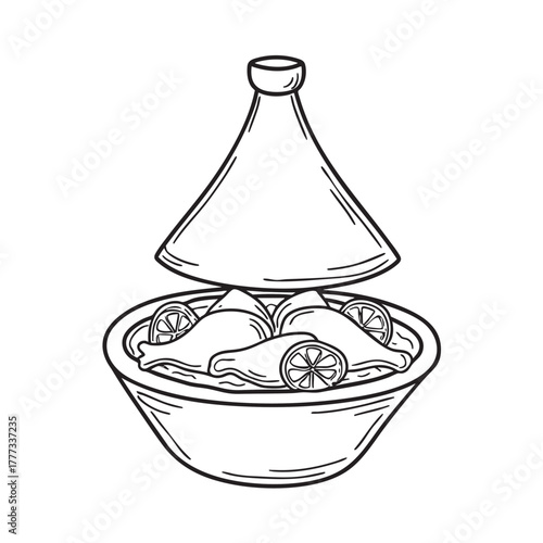 Tagine pot with conical lid containing chicken and sliced preserved lemons