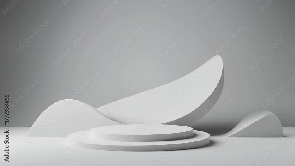 Minimalist white geometric shapes and circular podium on a light grey background, abstract product display stage.