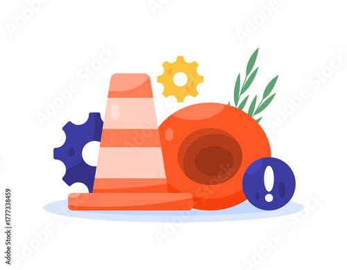 maintenance and repair concept. under maintenance. illustration of traffic cones, gears, and exclamation marks. flat style design. white background