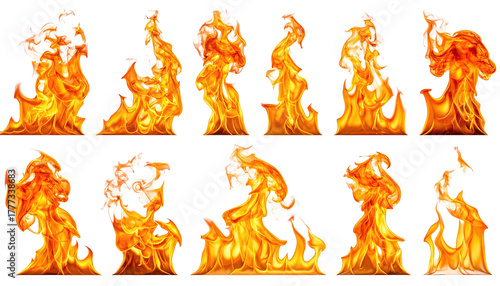 Eleven flame sprites isolated on black background, looping animation