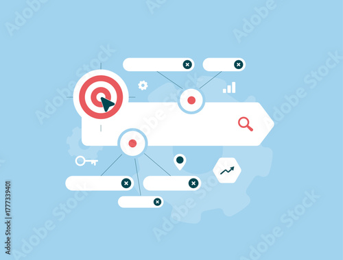 Keyword clustering tool boosts SEO efficiency. Keyword grouping related search terms into thematic clusters for targeted content optimization and better organic rankings. Vector illustration