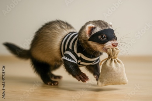 Ferret dressed as a burglar carrying a small sack indoors