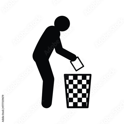 Silhouette icon of a man throwing trash into a bin, symbol of cleanliness and waste management, vector with transparent background