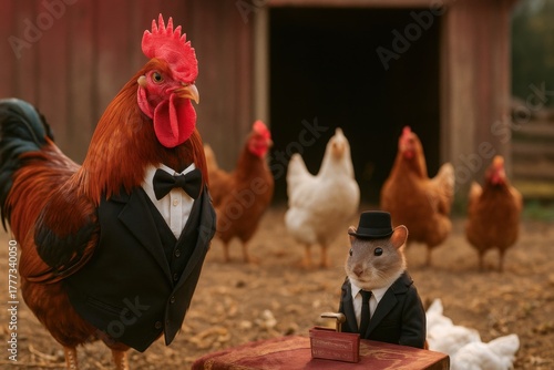 Rooster and mouse dressed in suits on farm with chickens in background