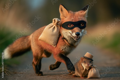 Fox wearing mask and carrying sack with mouse in hat and sack on path