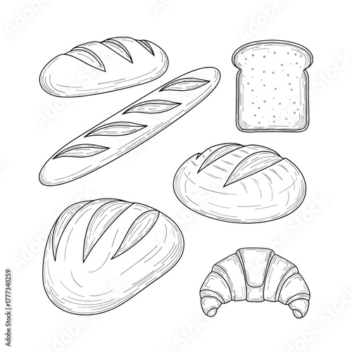 Various types of bread including baguette, loaf, and croissant  