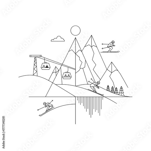 Minimalist line art of alpine skiing in mountain landscape  