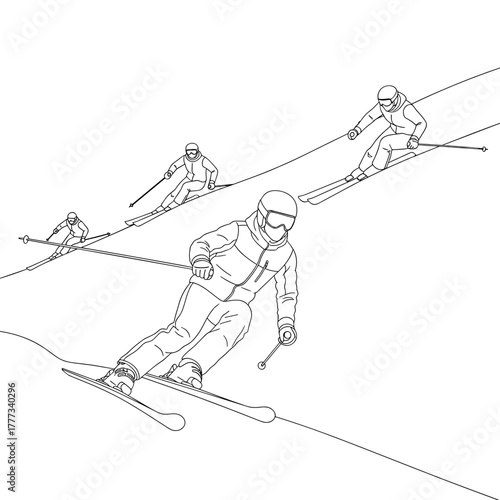 Skiers in action on snowy slope in minimalist line art style  