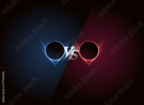 Versus battle screen layout with glowing blue and red circle frames, metallic VS typography, and dark gradient background for game intro.