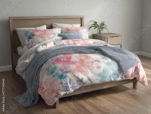Relax in style with this cozy bed. The floral design and soft colors create a relaxing and inviting atmosphere for a peaceful night's sleep.