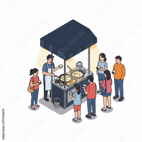 Isometric Detailed Street Food Cart with People Queue Illustration Element