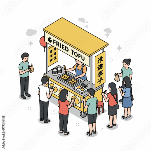 Isometric Style Detailed Fried Tofu Street Food Stall Illustration