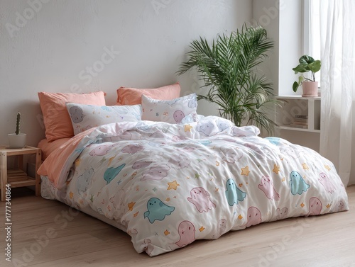 Cozy bed with ghost pattern bedding in a well-lit room. Light neutral tones, peach sheets and light-colored wooden floor creates a calming space.