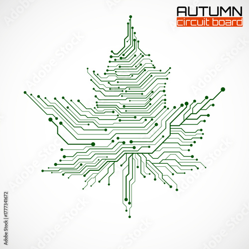Maple leaf with circuit board, technological style for your design