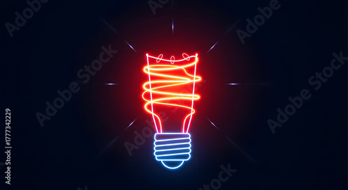 Neon Light Bulb Idea Concept with Glowing Lines on Dark Background