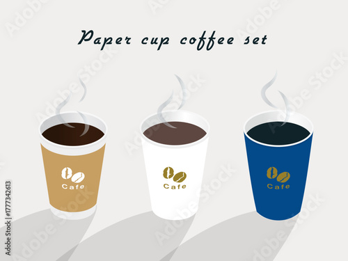 暖かい紙カップコーヒーイラストセット | 湯気と3色のベクターアイコン